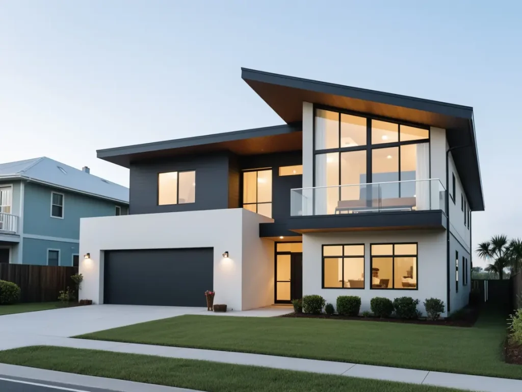 Modern villa with impact-resistant windows during tropical storm